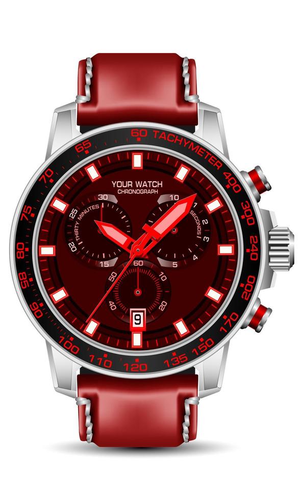 Realistic silver black watch chronograph red face leather strap on white background design for men fashion vector