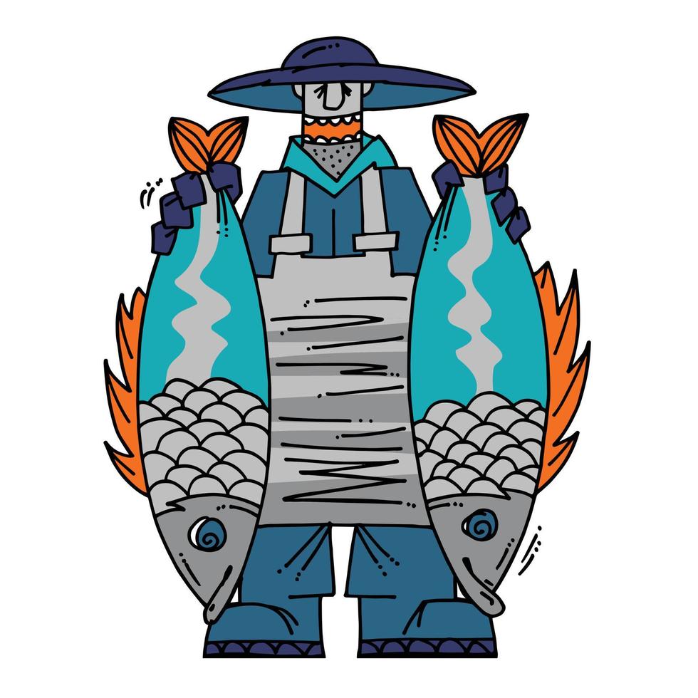 Fisherman holding two big fishes isolated on white background. Funny portrait of fisherman with two big carp fishes in his hands comic vector illustration.