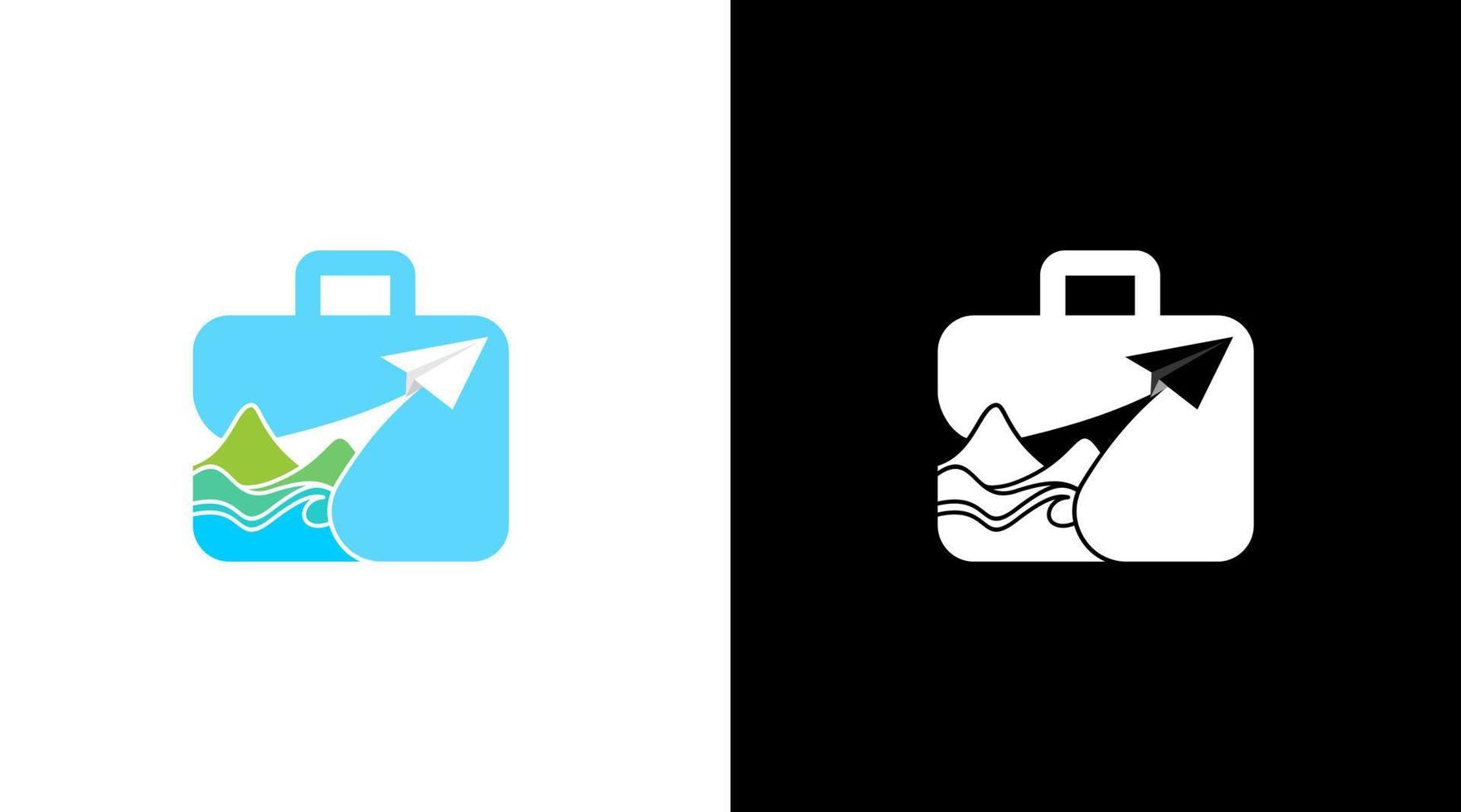 viaje bolso y maleta logo con isla y papel avión icono diseño modelo vector