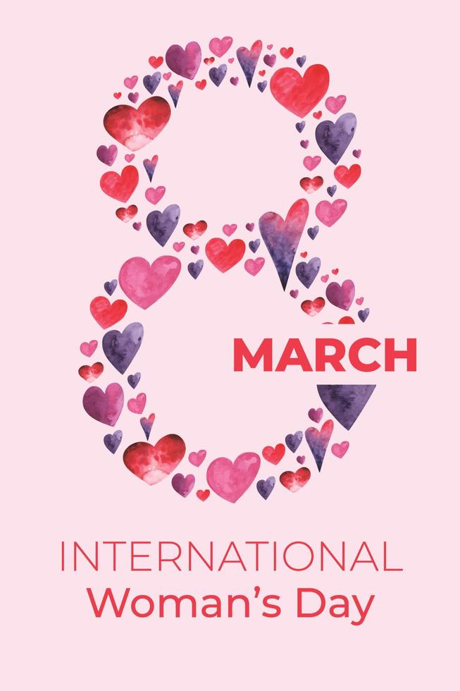 Women's Day greeting card or banner with pink cut eight number and wtercolor hearts. Vector 8 March international holiday poster template