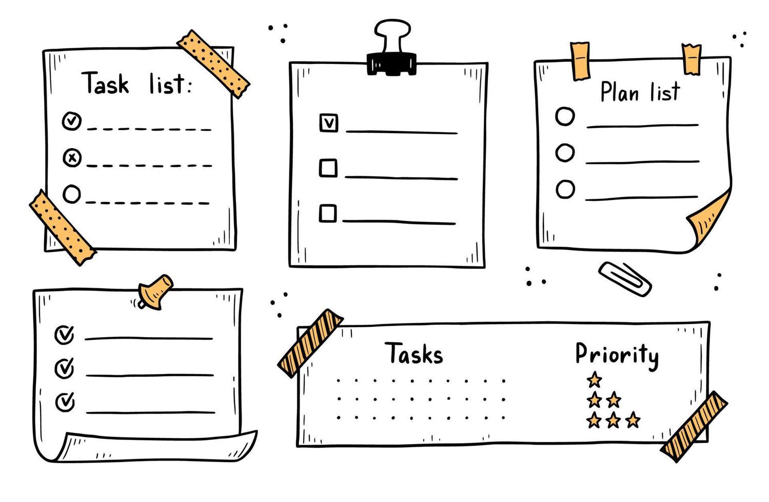 Doodle checklist set. To do, task list vector