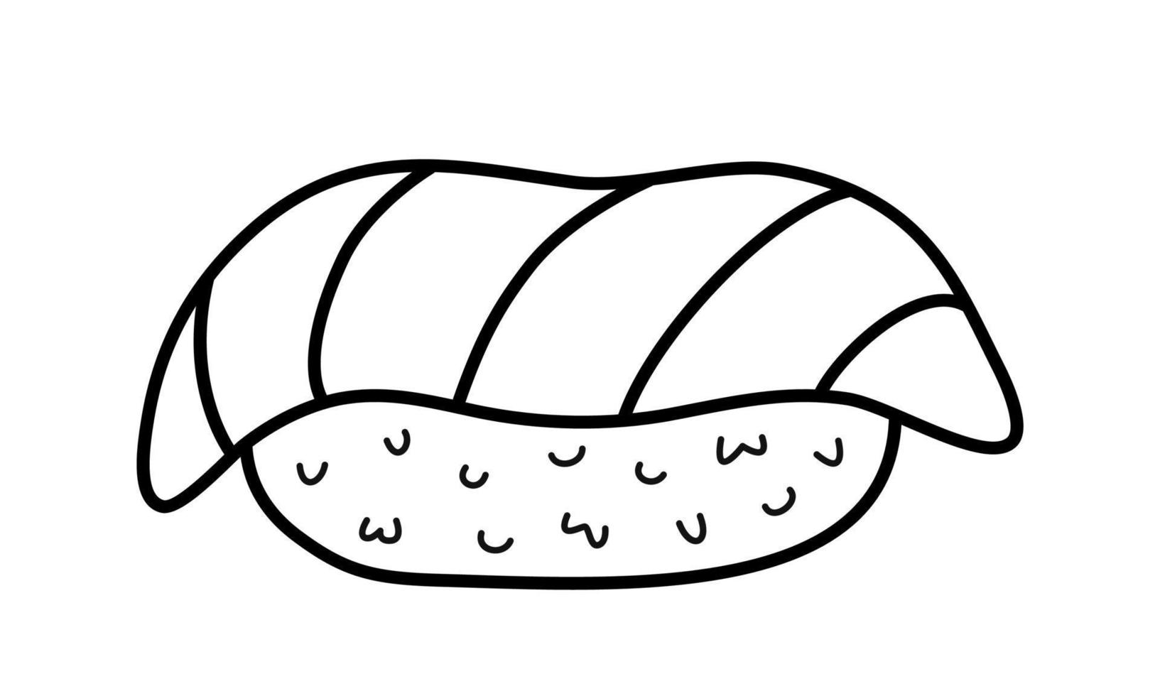 Nigiri sushi with salmon. Japanese cuisine. Hand drawn traditional food element icon. Isolated vector illustration in doodle line style.
