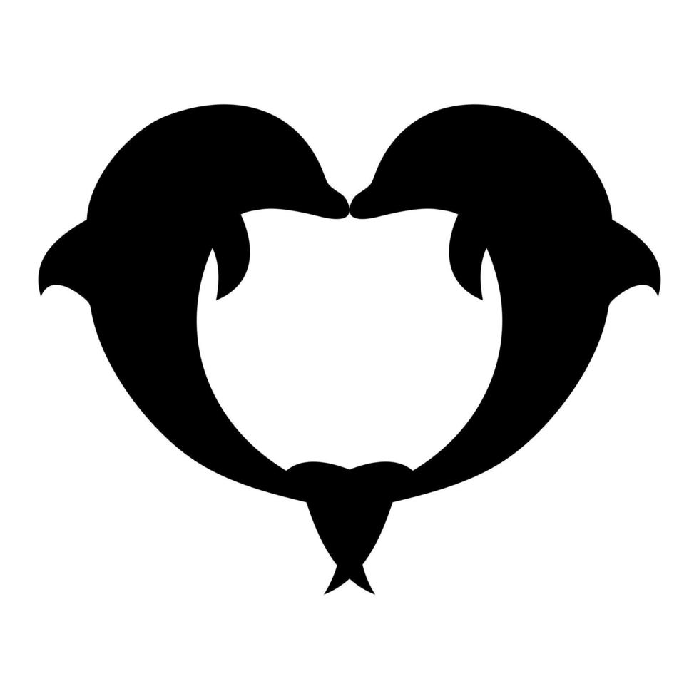 A Black and White Picture of Two Dolphins in a Heart Shape - Dolphins Couple Silhouette Icon Vector Illustration