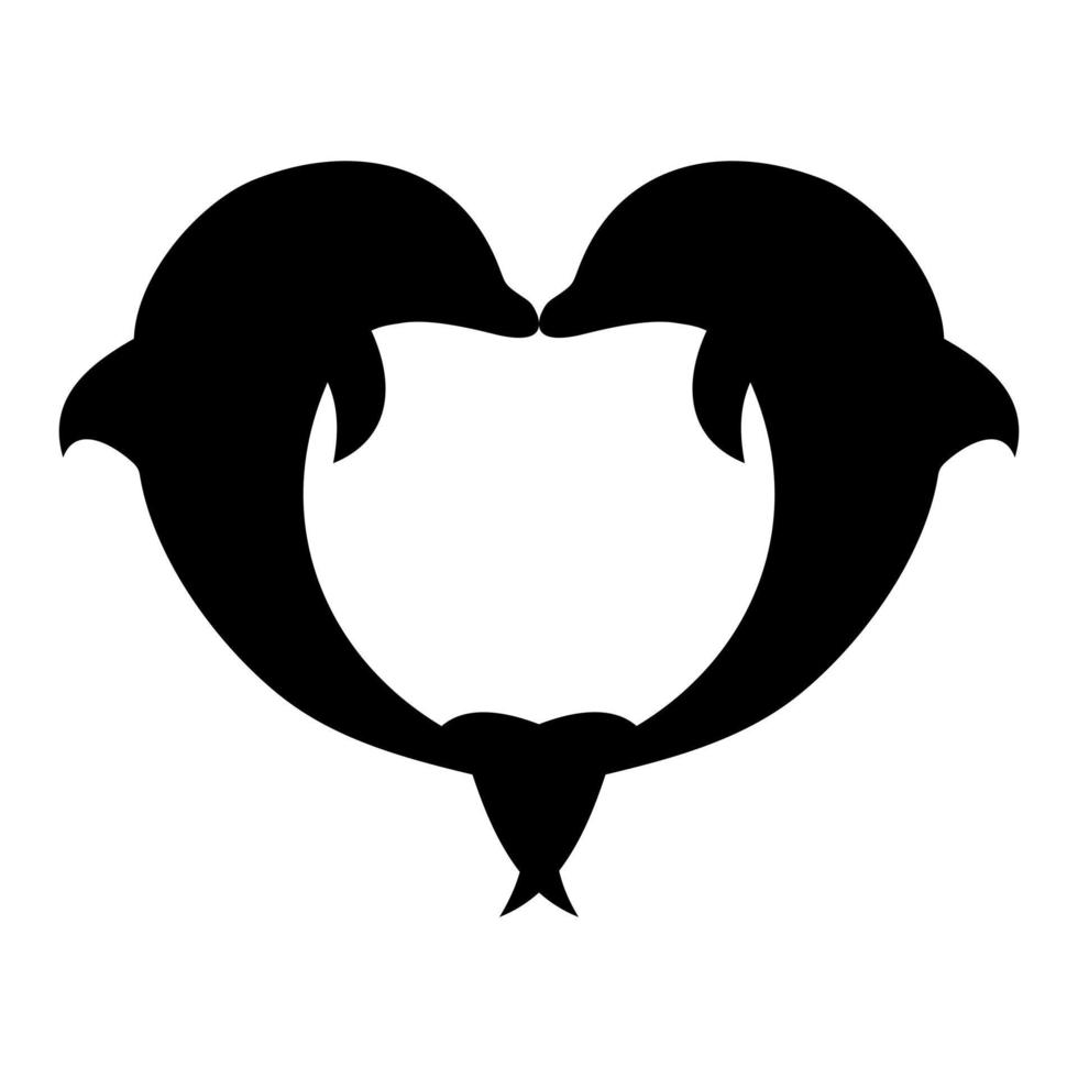 A Black and White Picture of Two Dolphins in a Heart Shape - Dolphins Couple Silhouette Icon Vector Illustration