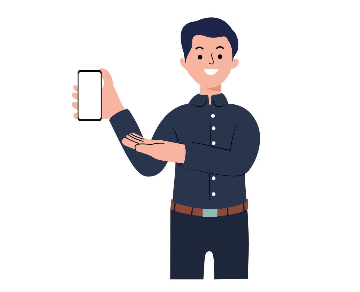 Office people doing a presentation using a cell phone. man in suit showing cell phone with blank screen vector