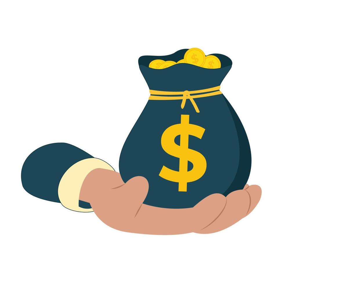 hand holding money bag full of gold coins. flat design illustration of businessman hand holding a bag filled with gold coins vector