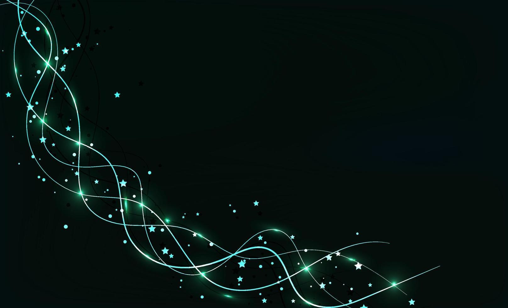 Dark abstract background with glowing green lines and stars. vector