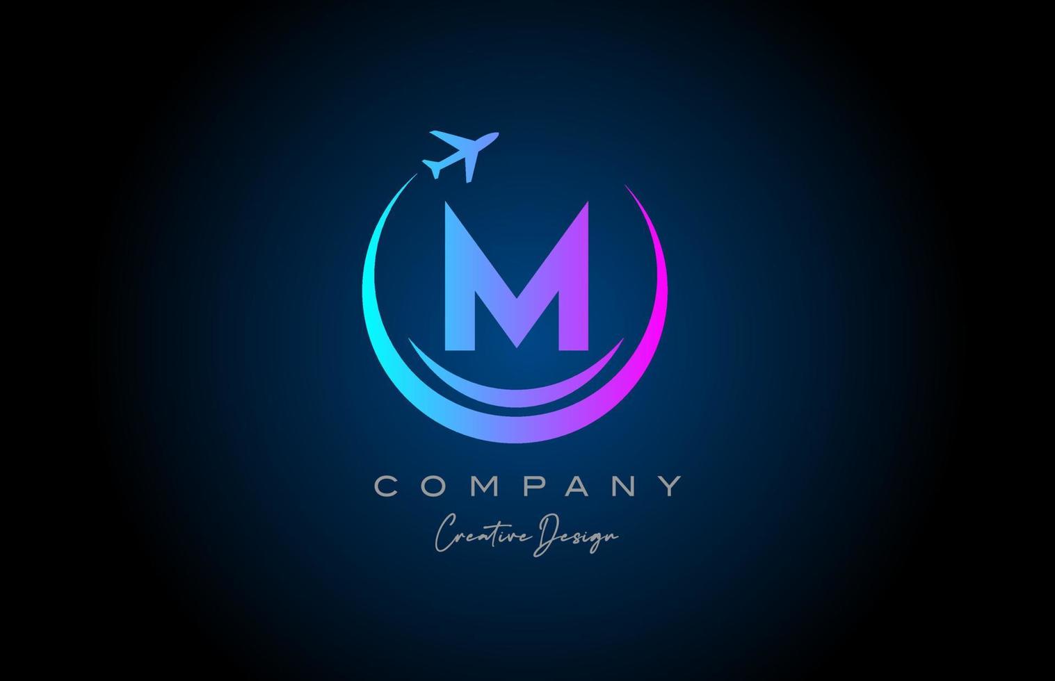 blue pink M alphabet letter logo with plane for a travel or booking agency. Corporate creative template design for company and business vector