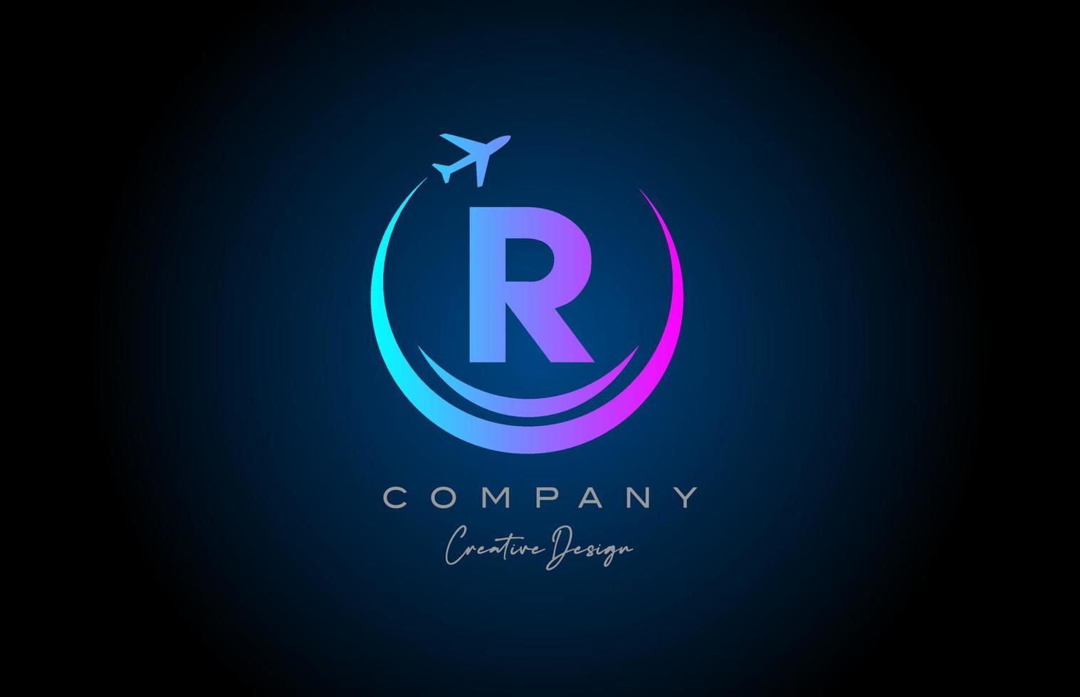 blue pink R alphabet letter logo with plane for a travel or booking agency. Corporate creative template design for company and business vector