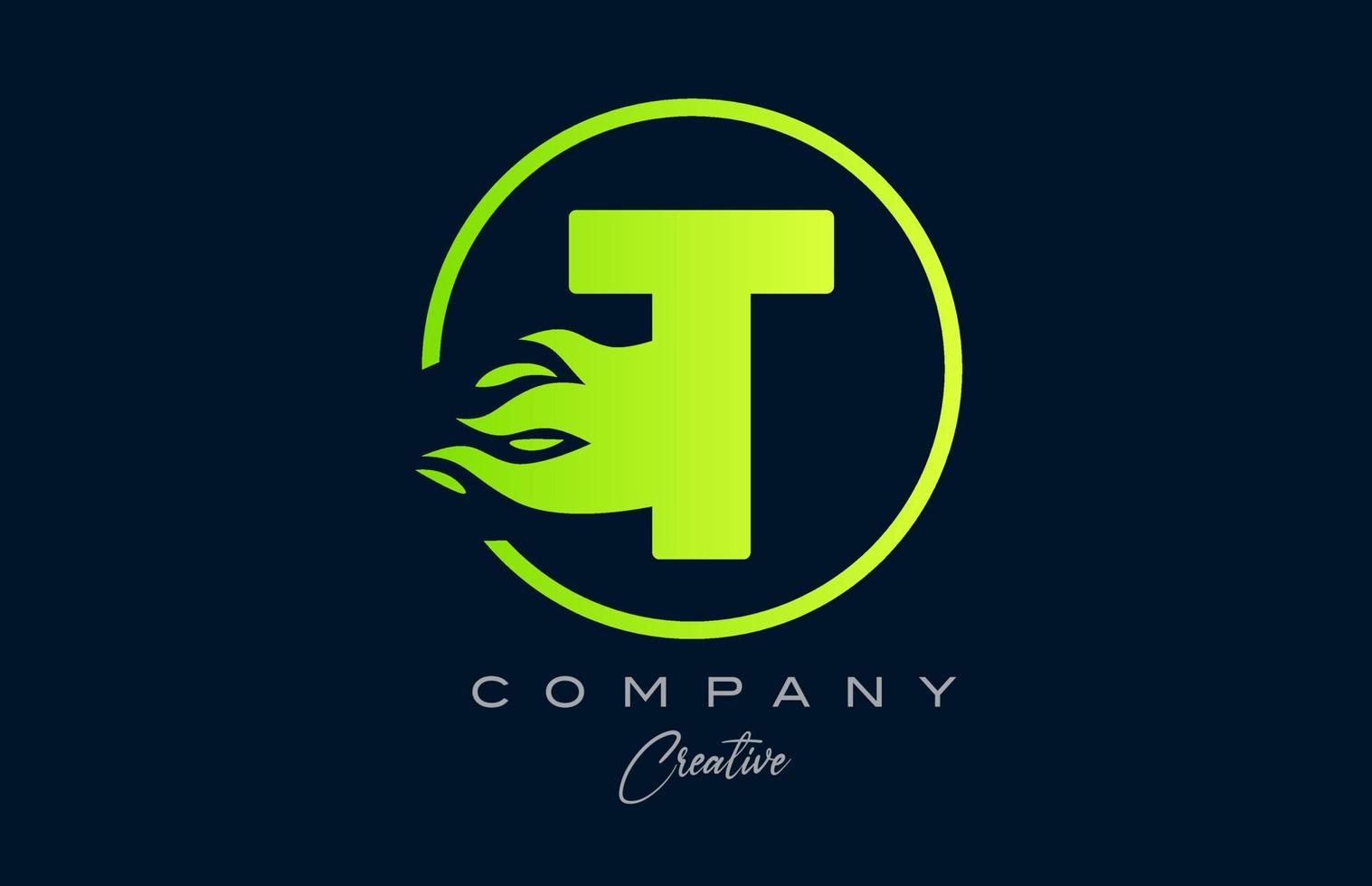 T alphabet letter icon for corporate with green flames. Fire design suitable for a logo company vector