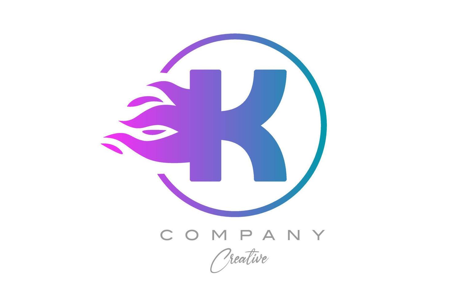 pink K alphabet letter icon for corporate with purple flames. Design with  suitable for a company logo vector