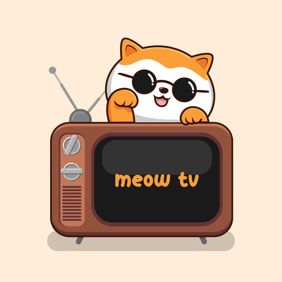 Cat with Old Television - Cute Orange Cat with Round Glasses Above TV Vintage vector