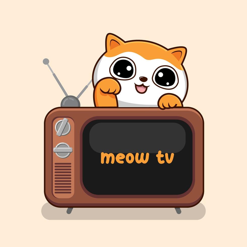 Cat with Old Television Waving Hand Kawaii - Cute Orange Cat Above TV Vintage vector