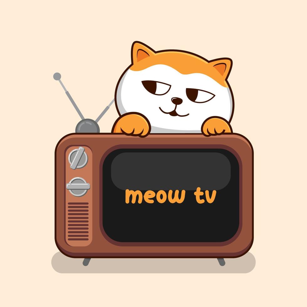 Cat with Old Television - Cute Orange Cat Playing Above TV Vintage vector
