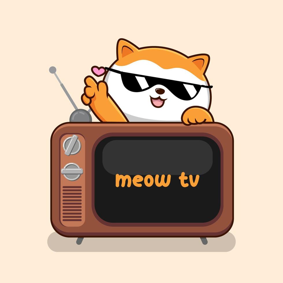 Cat with Old Television - Cute Orange Cat Cool with Sunglasses Above TV Vintage vector