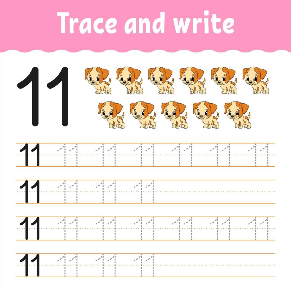 Learn Numbers. Trace and write. Handwriting practice. Learning numbers for kids. Education developing worksheet. Color activity page. Vector illustration.