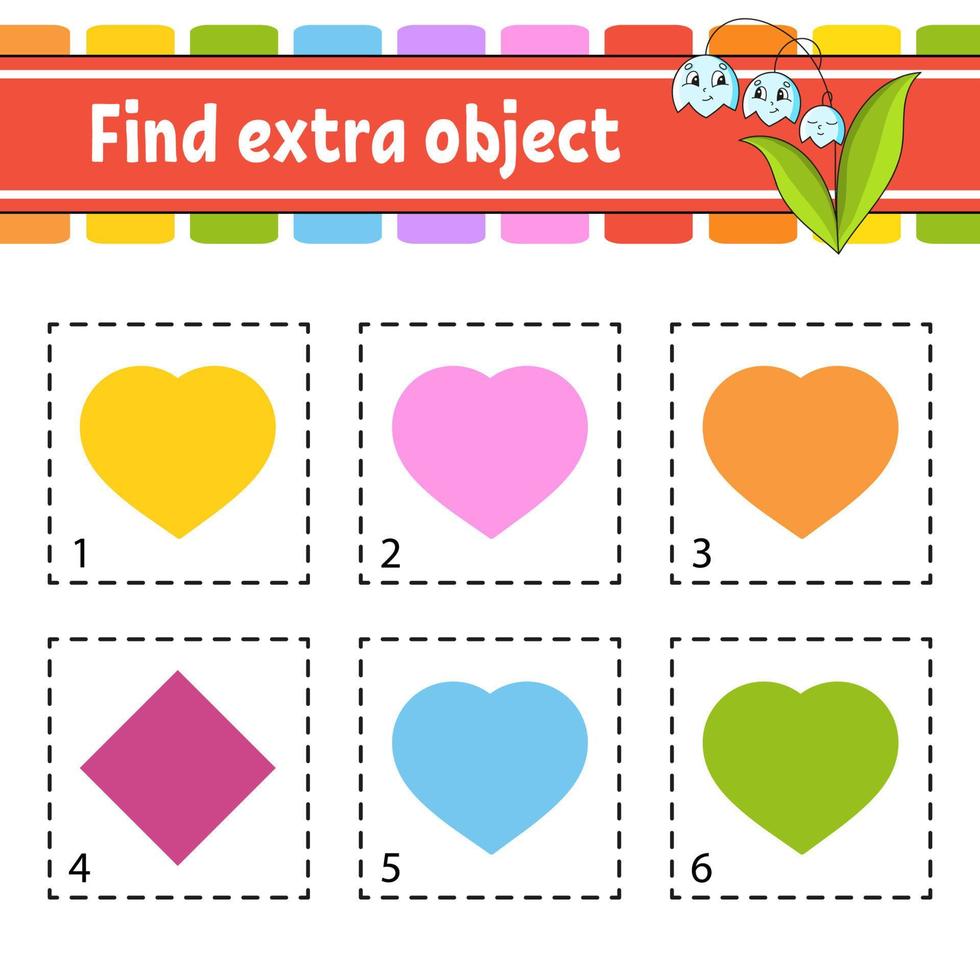 Find extra object. Educational activity worksheet for kids and toddlers. Game for children. Cute characters. Vector illustration.