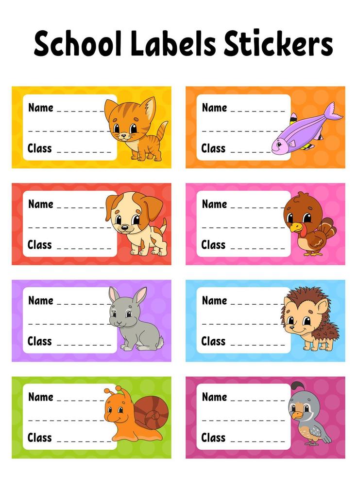 Bright stickers. Name and class. Back to school labels. Set stickers for notebook. Rectangular label. Color vector isolated illustration.