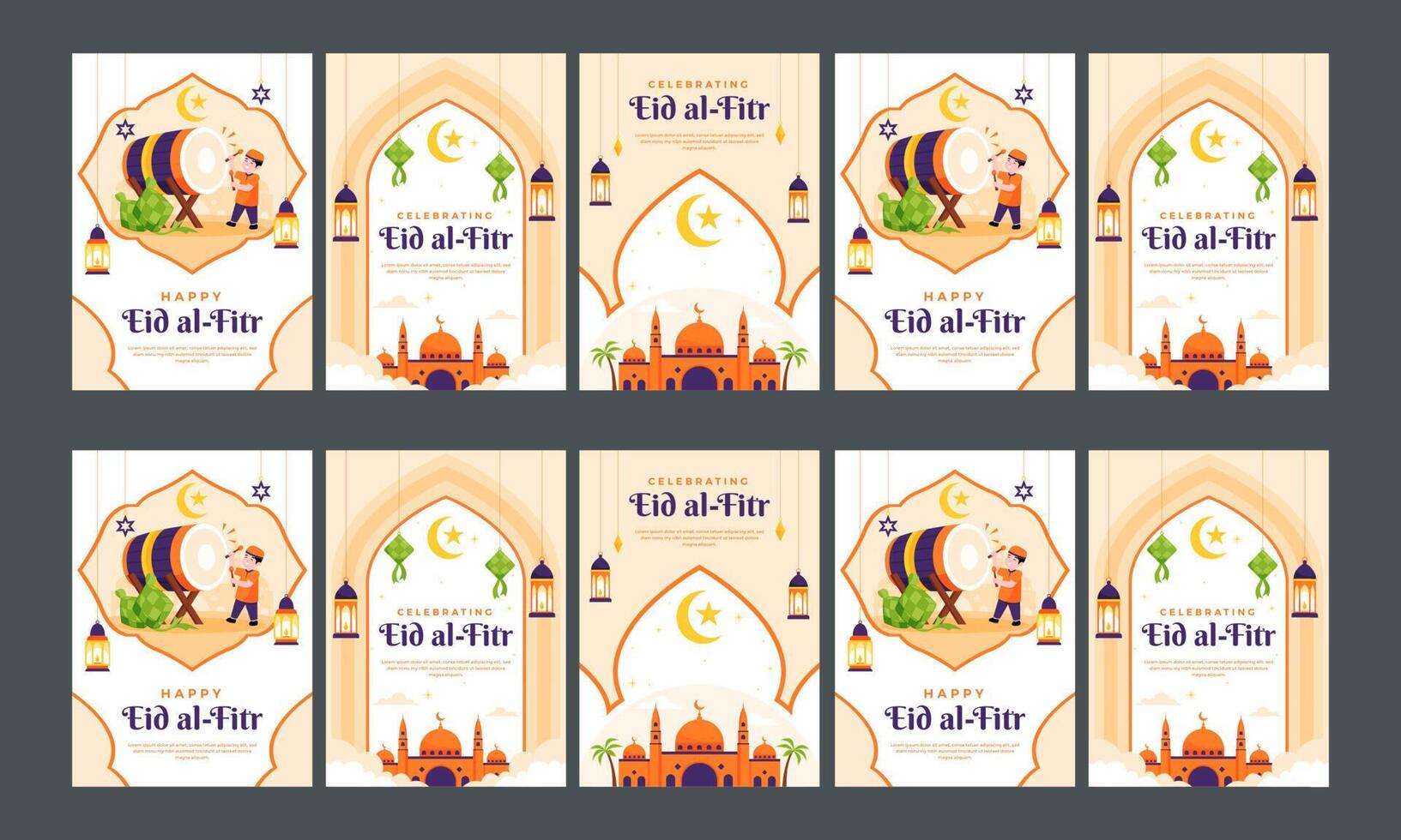 contento celebrando eid al-fitr social medios de comunicación cuentos conjunto vector plano diseño