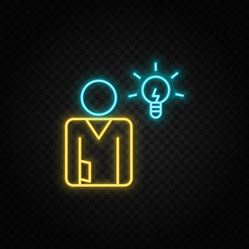 brainstorming, businesswoman neon icon. Blue and yellow neon vector icon. Transparent background