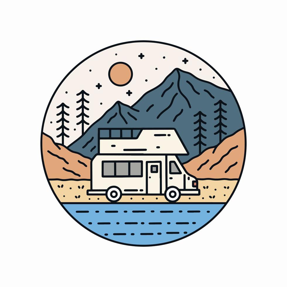 Cross the nature wild and stay camping mono line design for badge, sticker, patch, t shirt design, etc vector