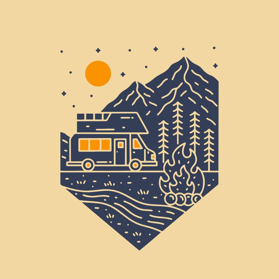 The nature and camping under stars, happy life for future in mono line art vector design