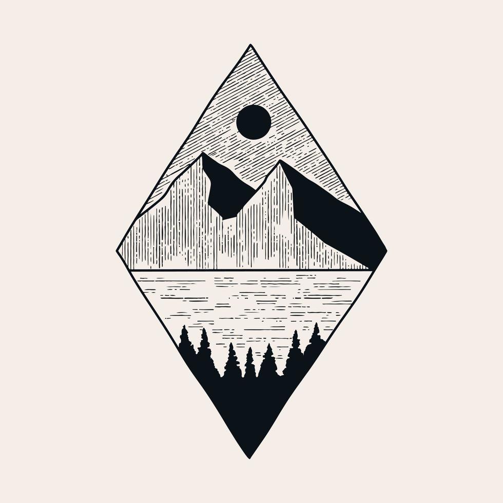 Nature mountains vintage mono line vector for patch, badge, graphic, art t-shirt design