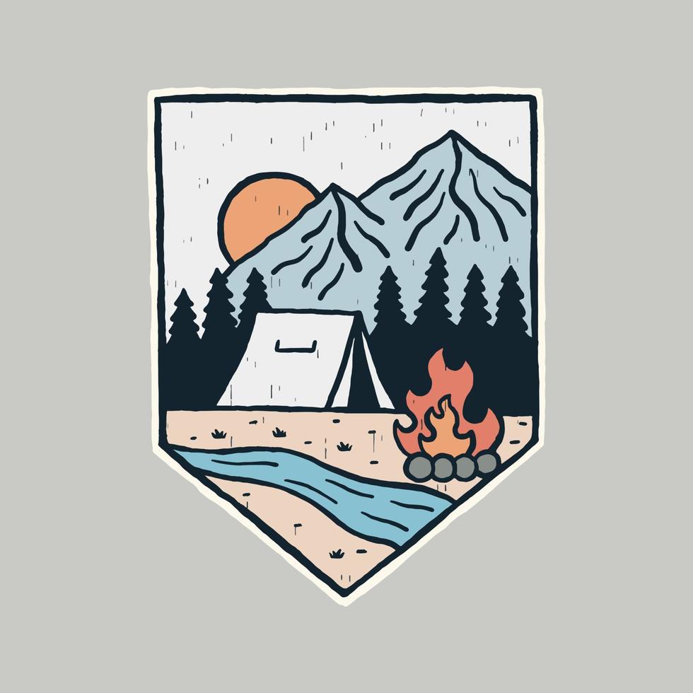 Camping on the forest, near a river and warmed by bonfire design for badge, sticker, patch, t shirt design, etc vector