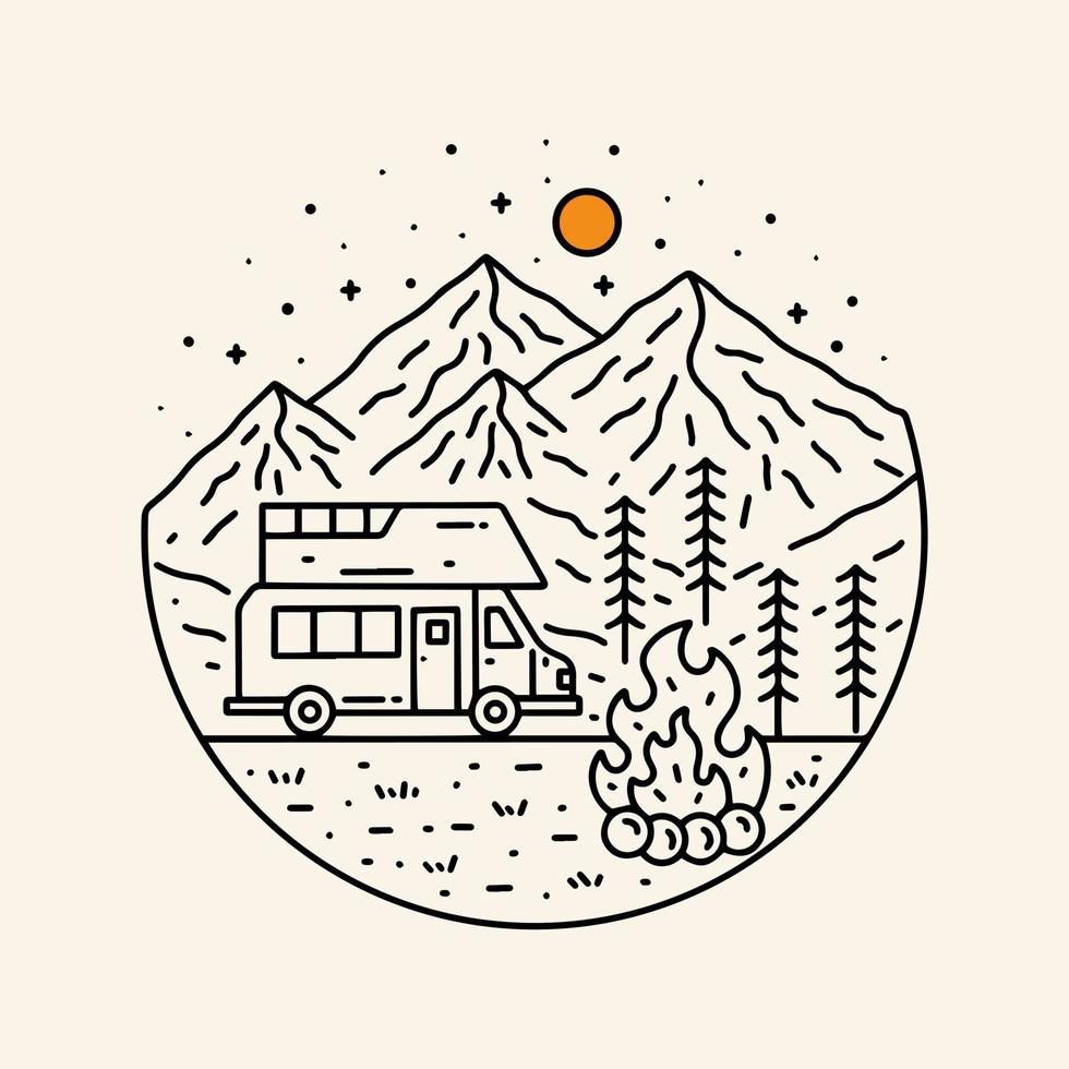 The nature wild and camping fun on the mountains in mono line vector