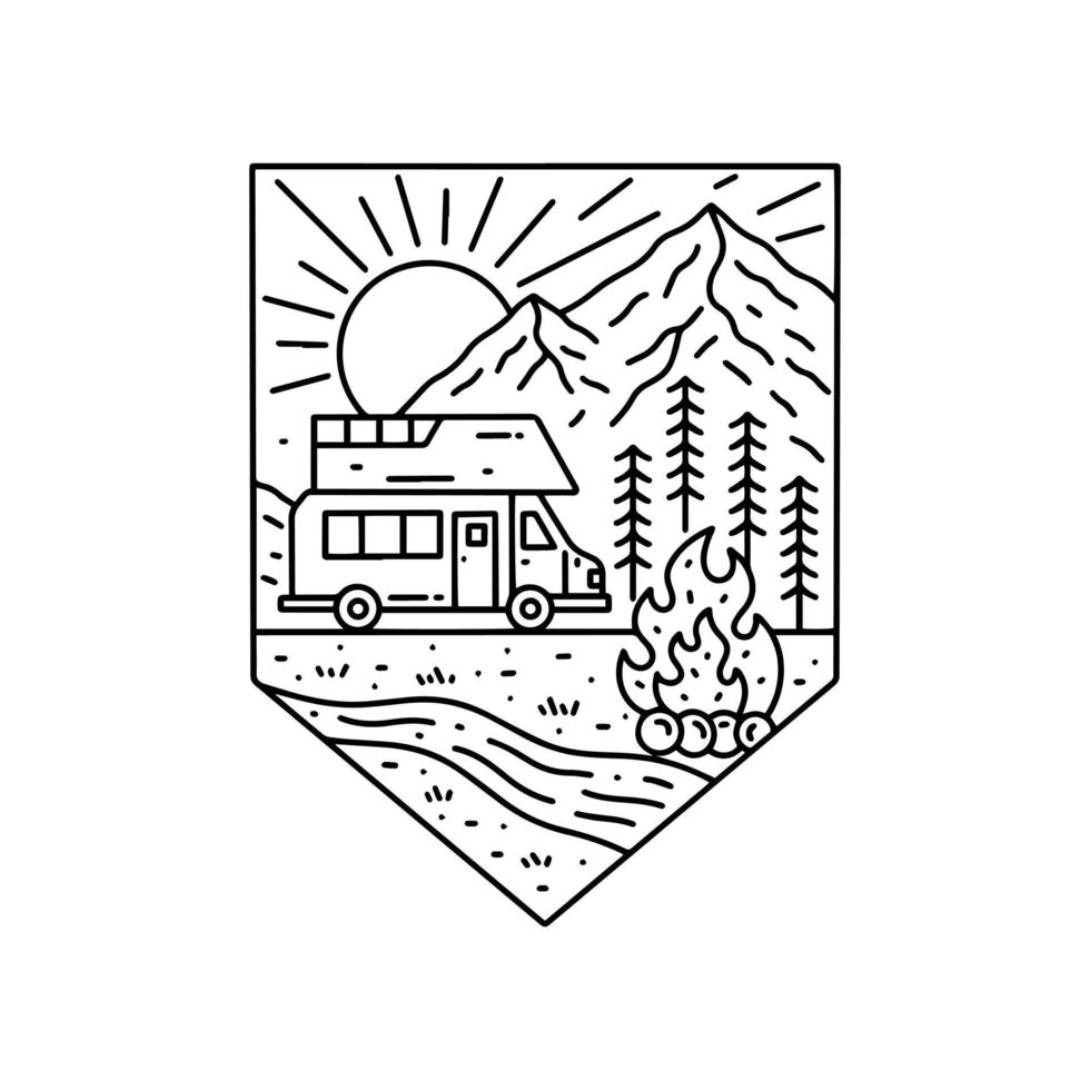 Camping fun activity on nature wild and warmed by bonfire mono line design for badge, sticker, patch, t shirt design, etc vector
