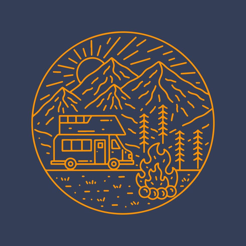 The nature wild and camping fun under star on the mountains in mono line vector for badge, sticker, patch, t shirt design, etc