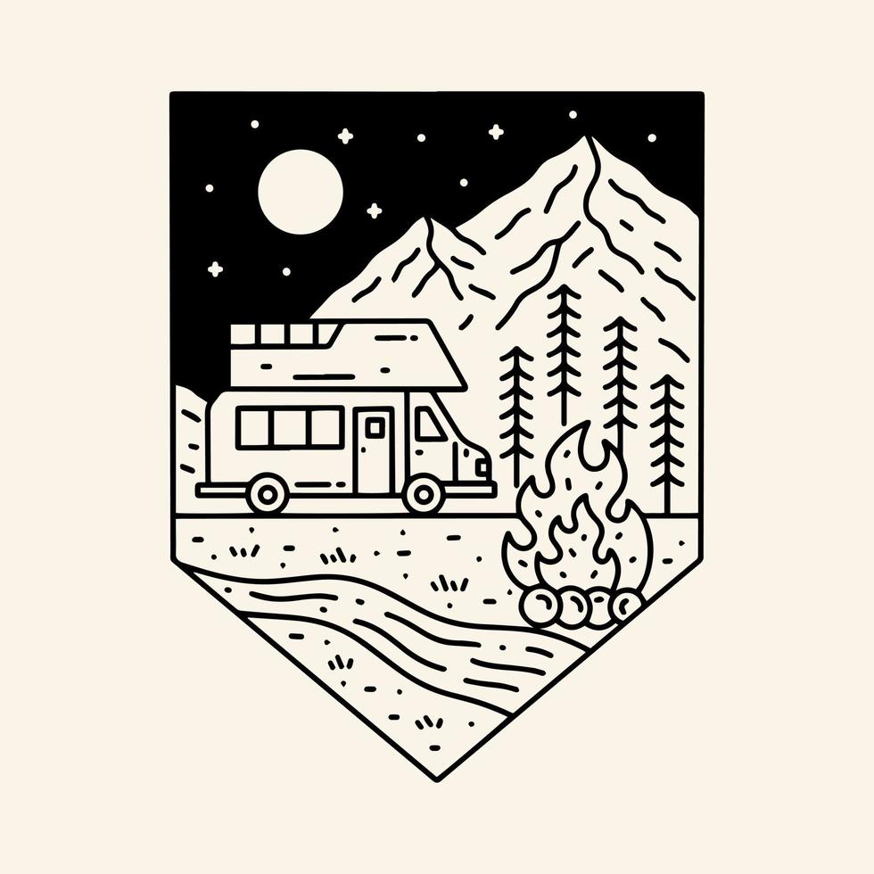 camping on the wild nature and warmed by bonfire mono line design for badge, sticker, patch, t shirt design, etc vector