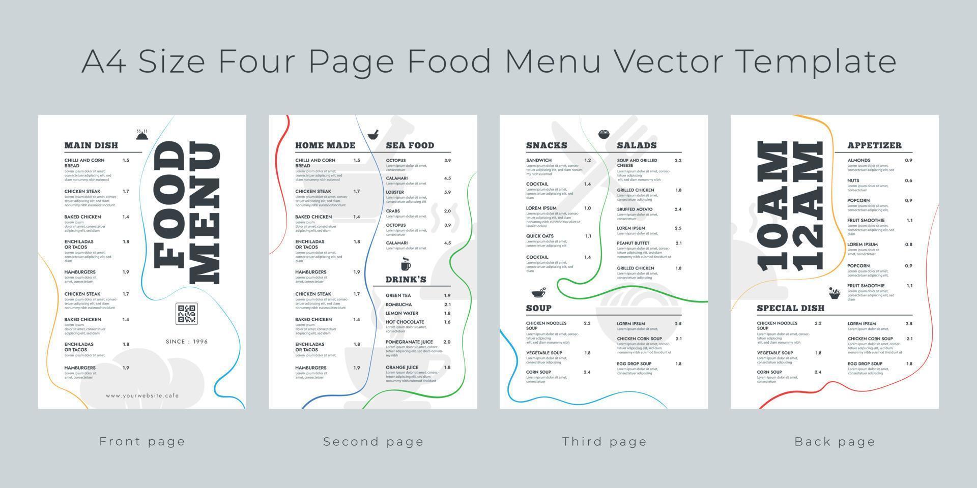 Restaurant cafe menu, template design. A4 size, Four page food menu vector template.