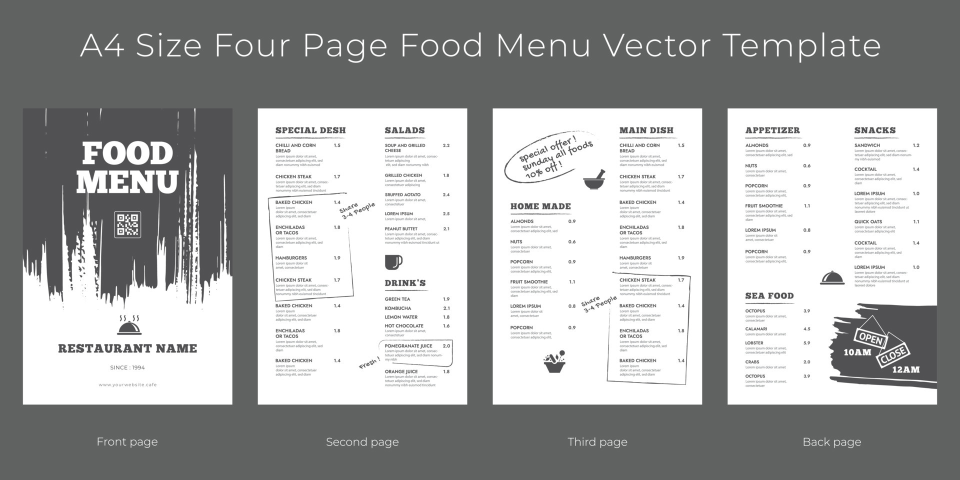 Restaurant cafe menu, template design. A4 size, Four page food menu