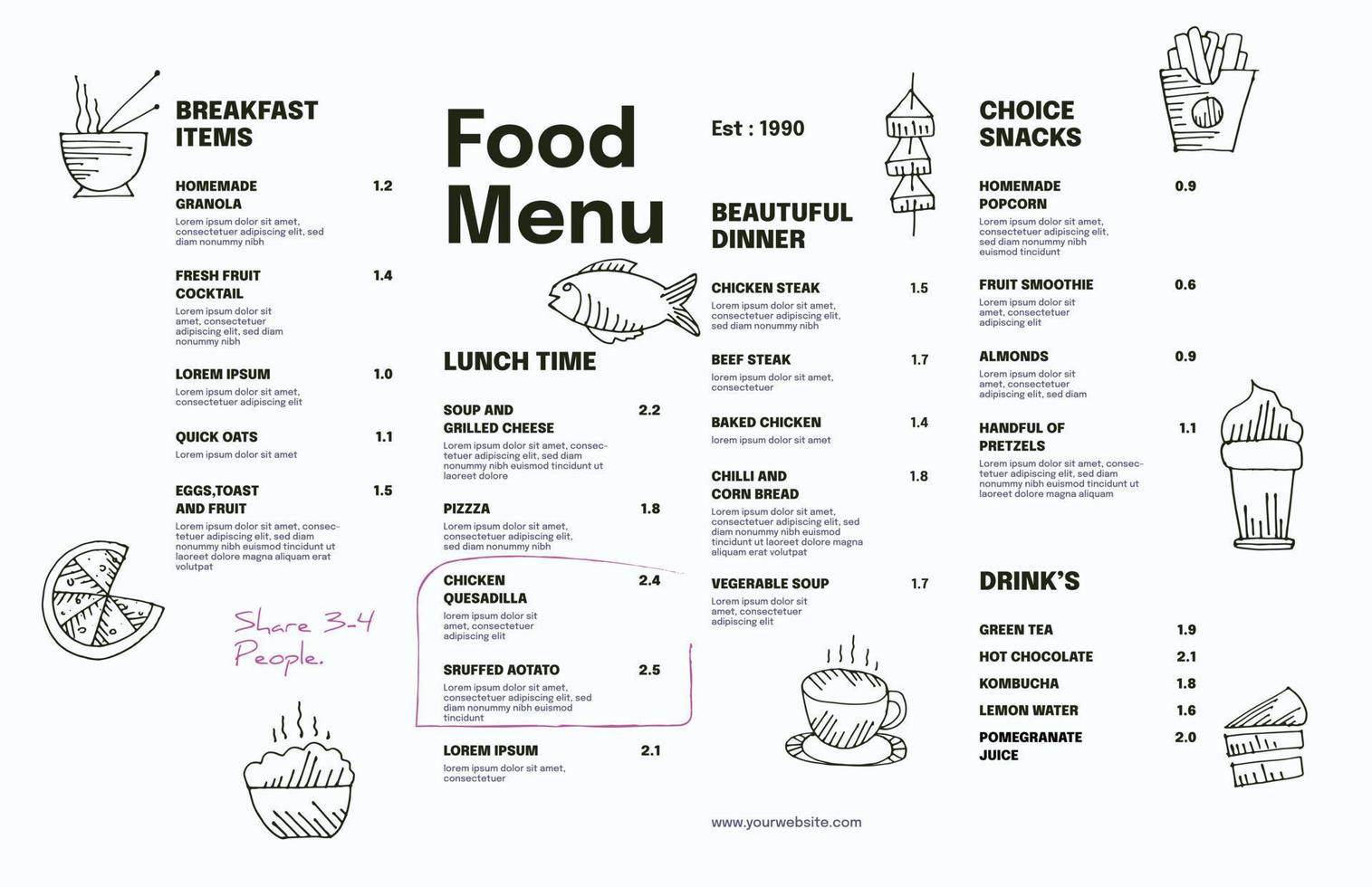 Restaurant cafe menu, template design. Single page food menu template, Vector food menu template