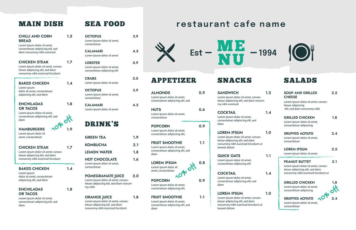 Restaurant cafe menu, template design. Single page food menu vector template.