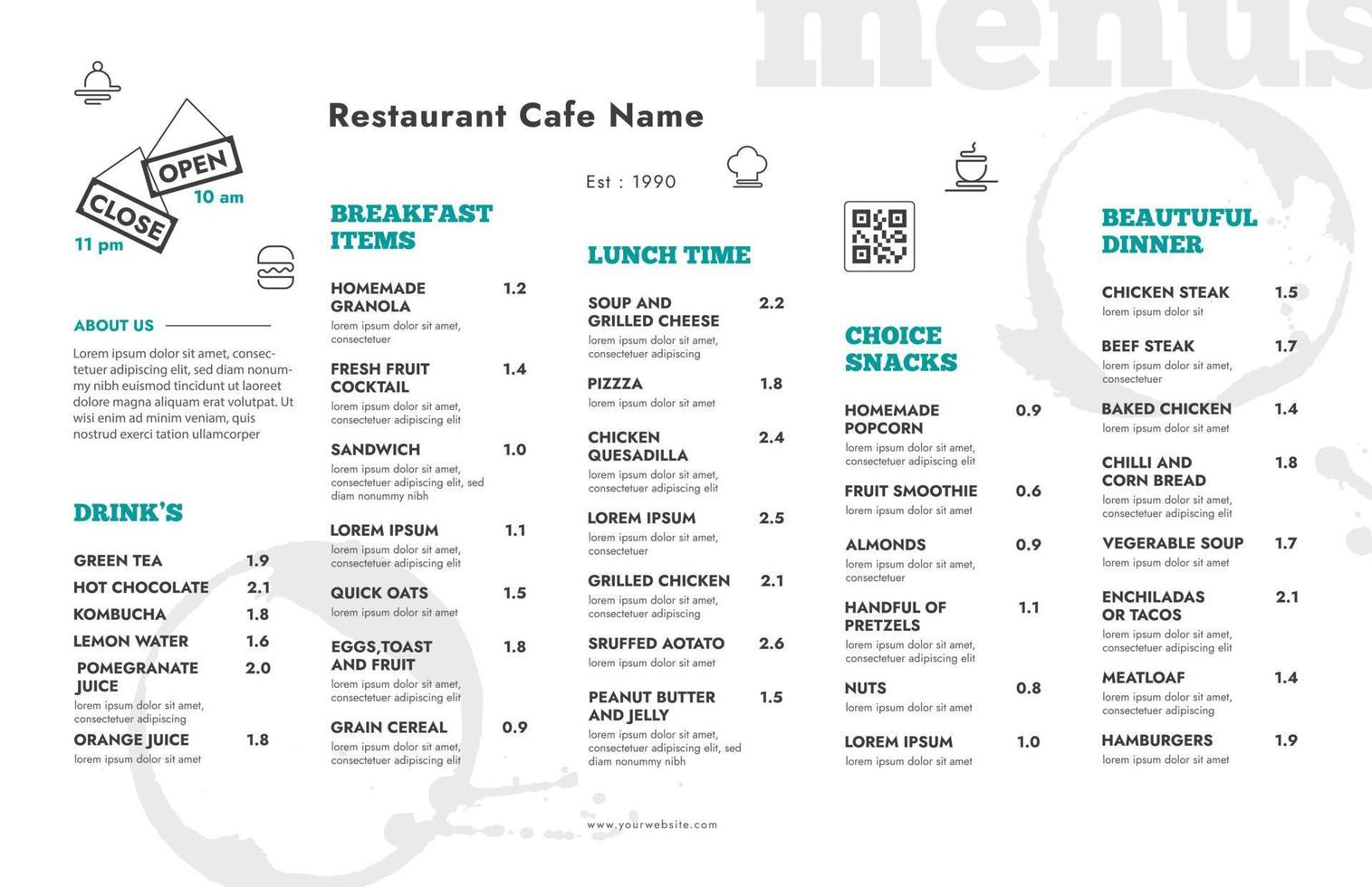 Restaurant cafe menu, template design. Single page food menu vector template.