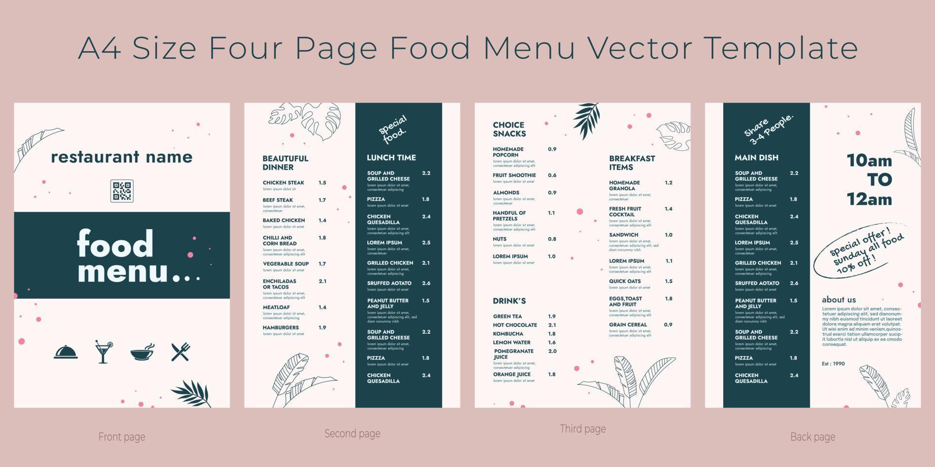 Restaurant cafe menu, template design. A4 size, Four page food menu vector template.