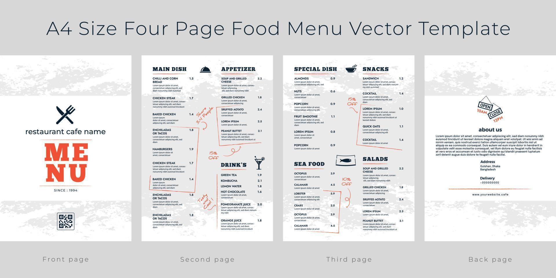 Restaurant cafe menu, template design. A4 size, Four page food menu vector template.