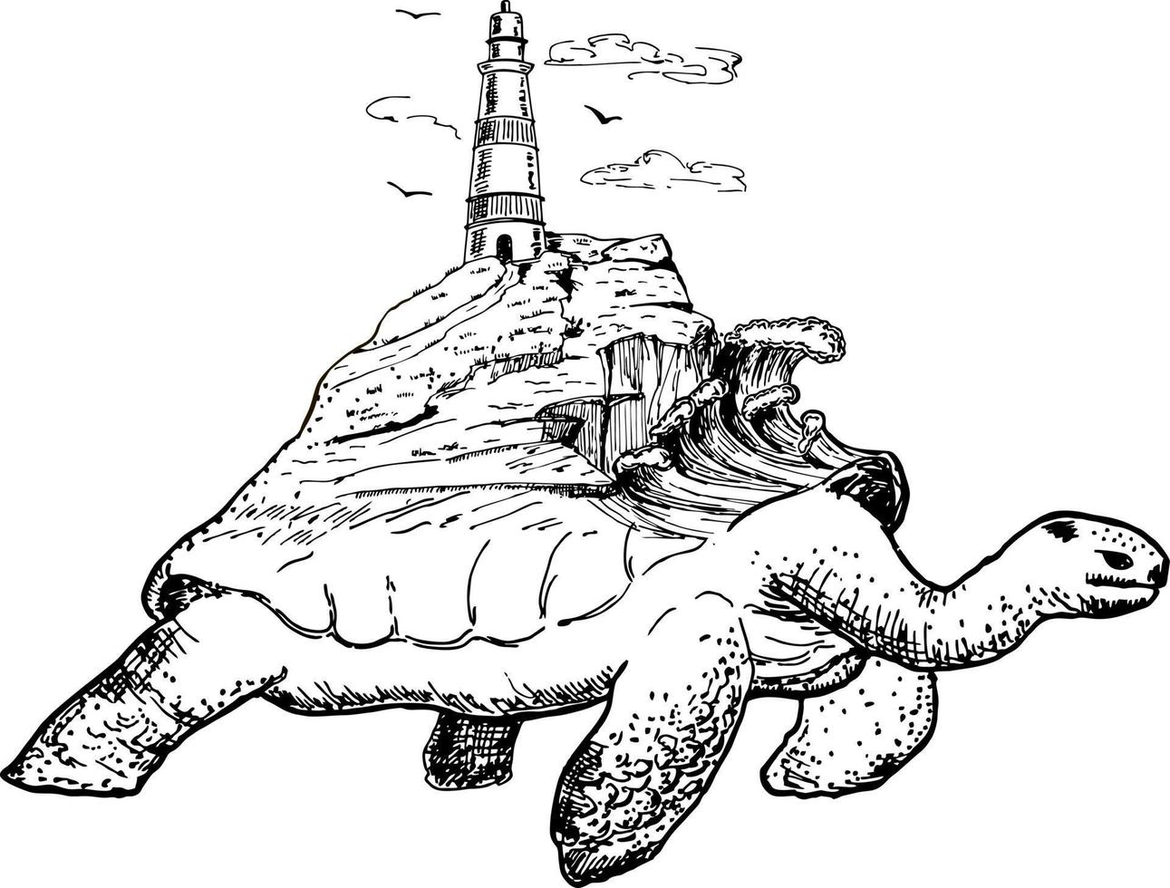 Typography with turtle illustration. Turtle in tattoo style. Travel to the sea concept. Sea and lighthouse vector