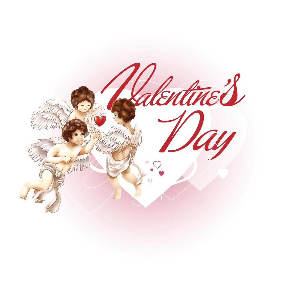 Three of angels give heart for together, cupids with happy valentine's day pink text on white background vector