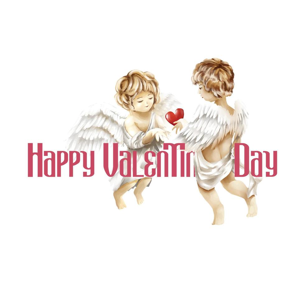 Two of angels give heart for together, cupids with happy valentine's day pink text on white background vector