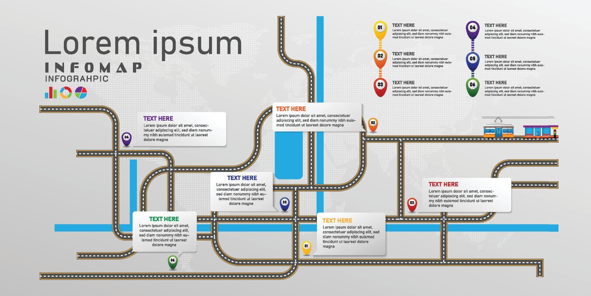 Citymap and numbers of pin infographic vector illustration with colorful topic information, timeline progress target roadmap concept