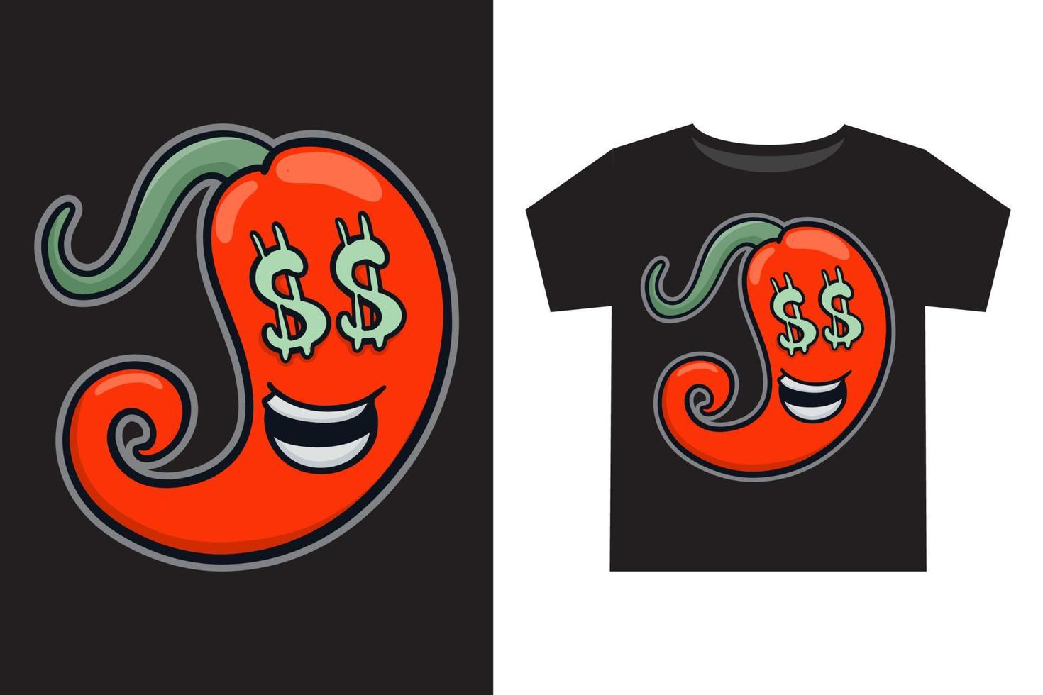 Hand drawn funny curly red chili with dollar sign eyes cartoon illustration for t shirt design vector