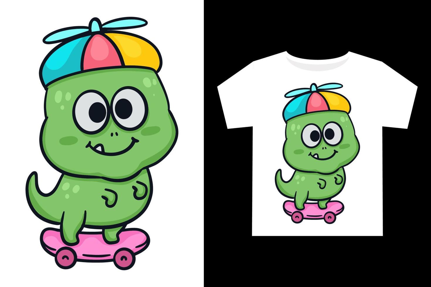 mano dibujado linda pequeño dino con patineta dibujos animados ilustración para niños t camisa diseño vector