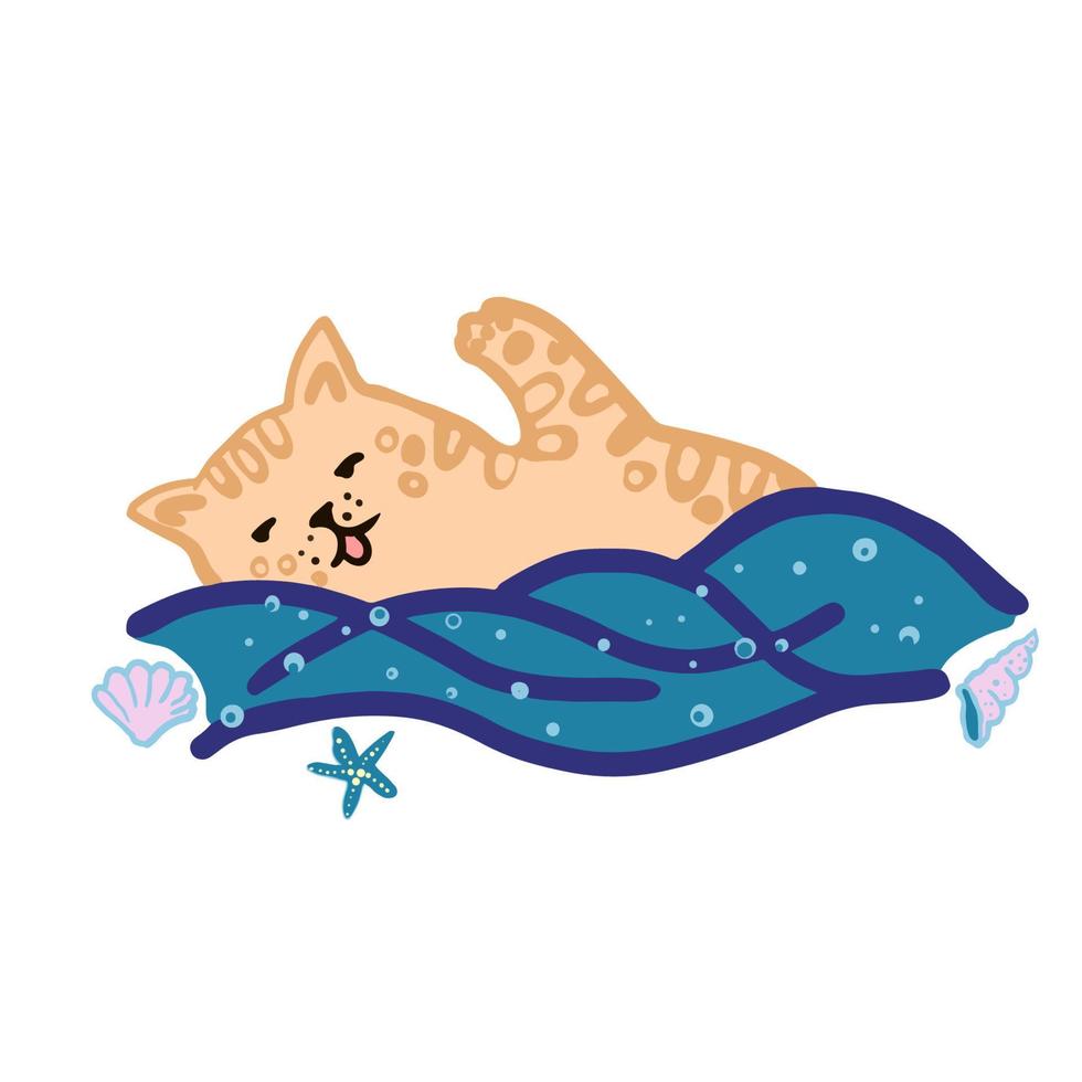 Cute little cat is resting on vacation and swimming in the sea. Vector illustration.