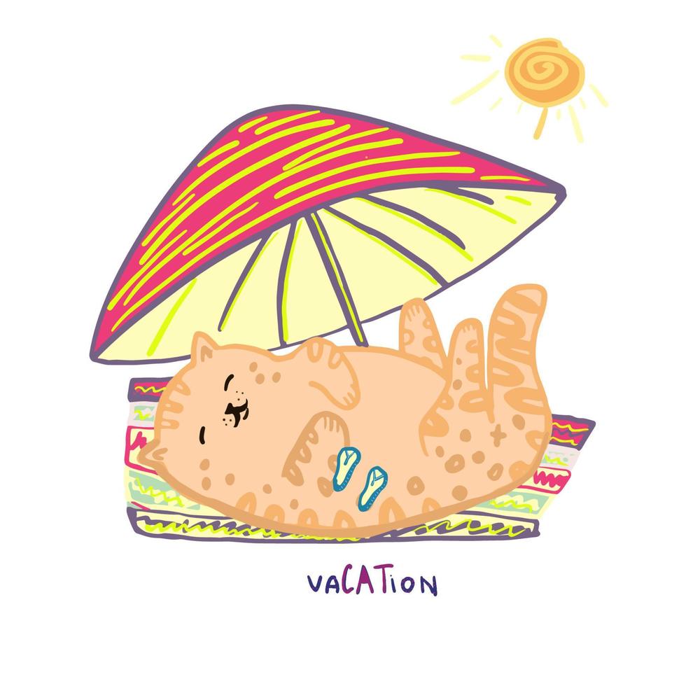 linda pequeño gato es descansando en vacaciones. broncearse en el playa. vector ilustración.