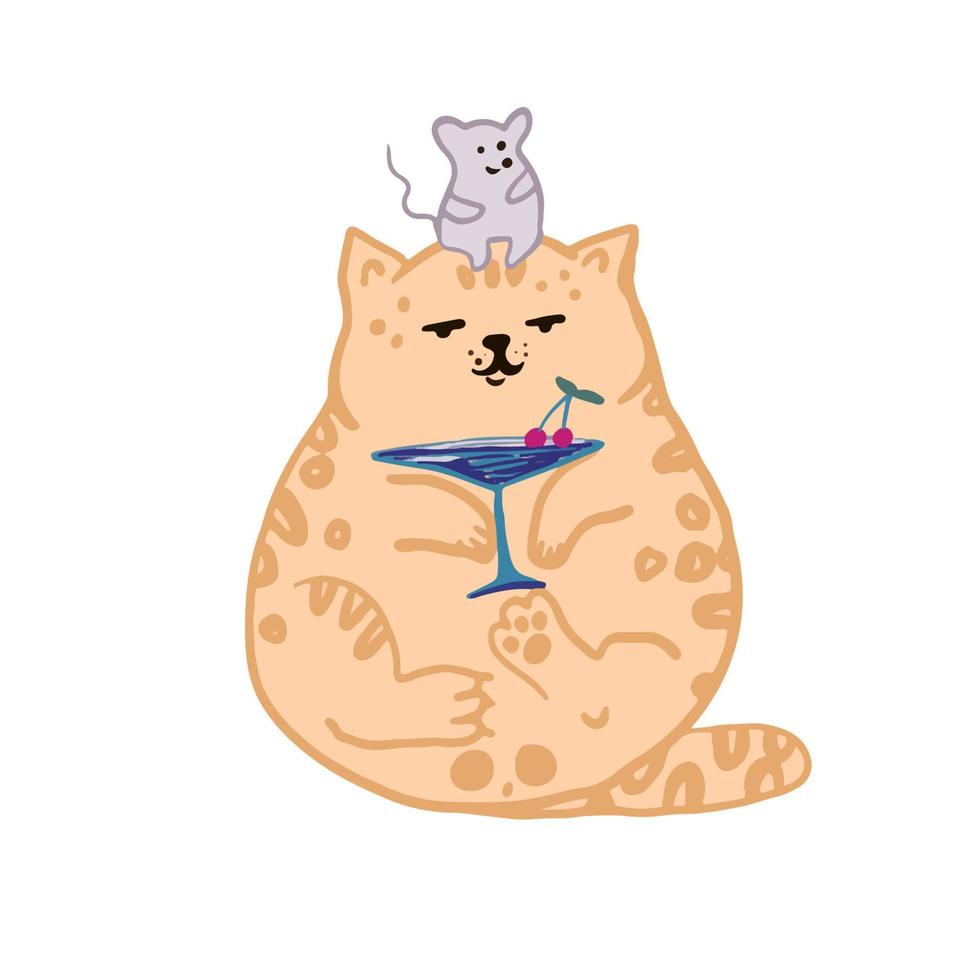 Cute little cat drinking martini cocktail. Vector illustration.