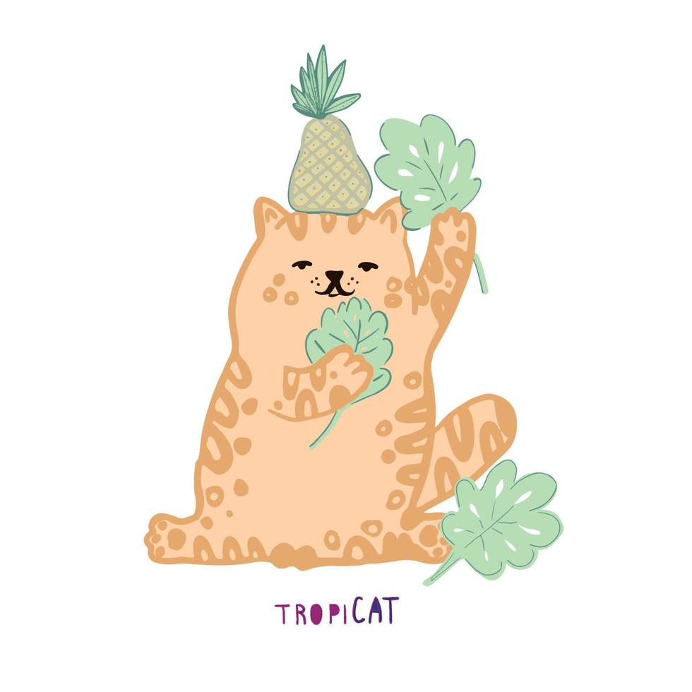 Cute little cat is resting on vacation in the tropic. Vector illustration.