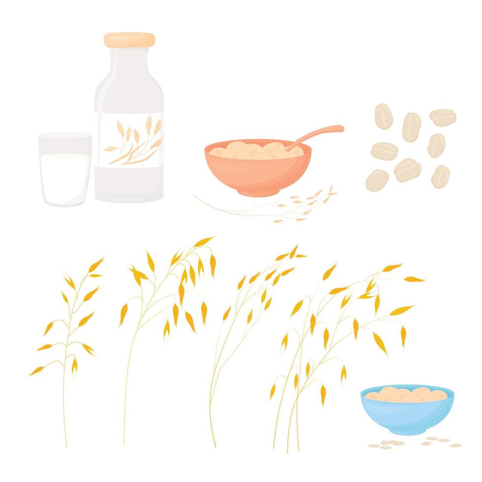 Oatmeal set. Vector illustration. Boiled oatmeal porridge for breakfast in a plate, oat milk, oat sprouts. Granola. Isolated on a white background.